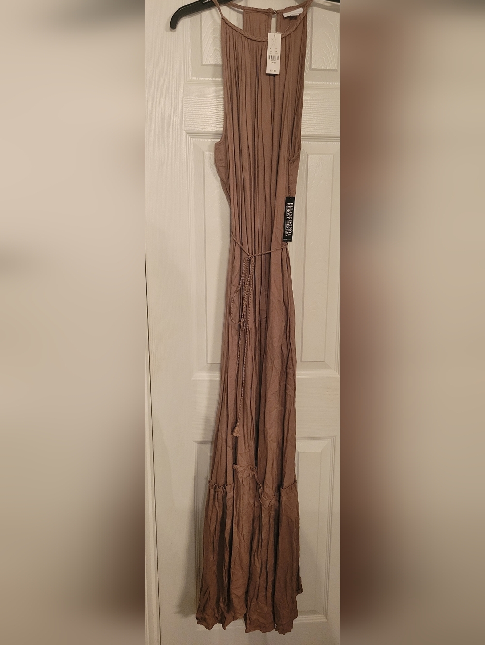 New York & Company Taupe Pleated Maxi Dress with Braided Detail & Pockets